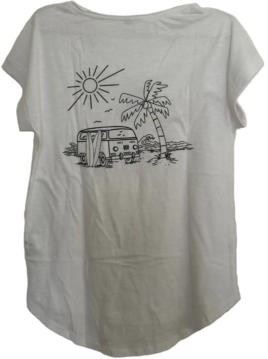 Weißes Damen T-Shirt mit VW-Bus, Palme, Meer