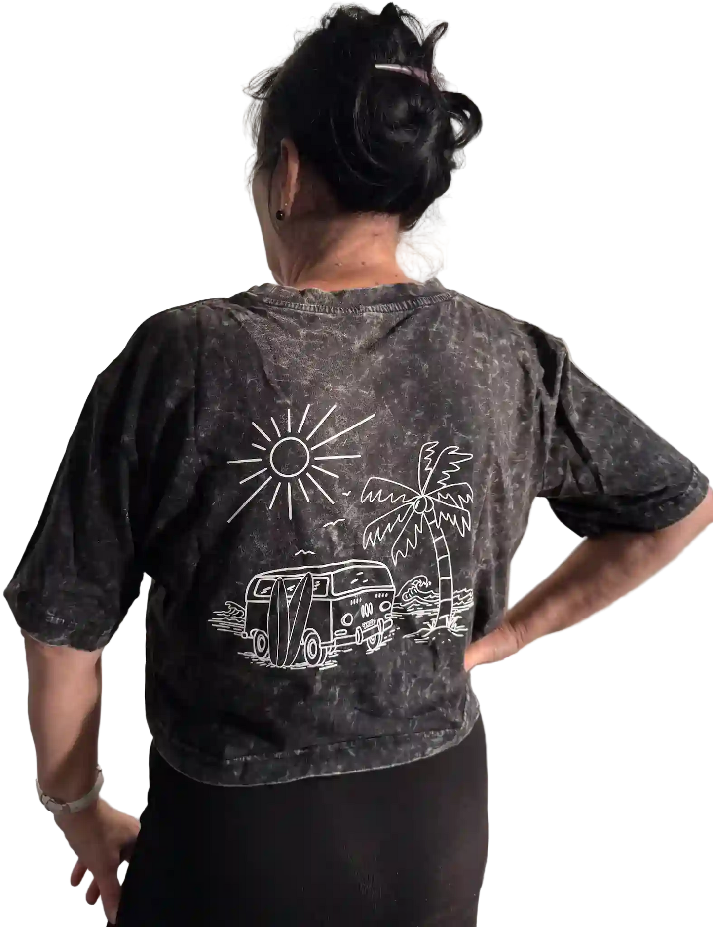 schwarzes Crop Top von hinten mit Siebdruck