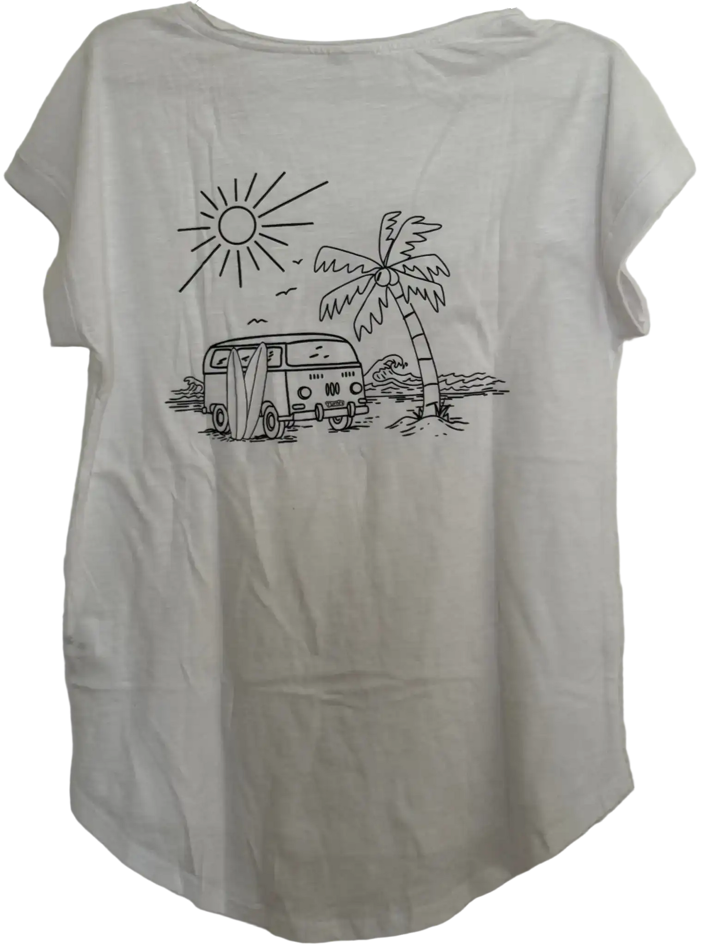 Weißes Damen T-Shirt mit VW-Bus, Palme, Meer
