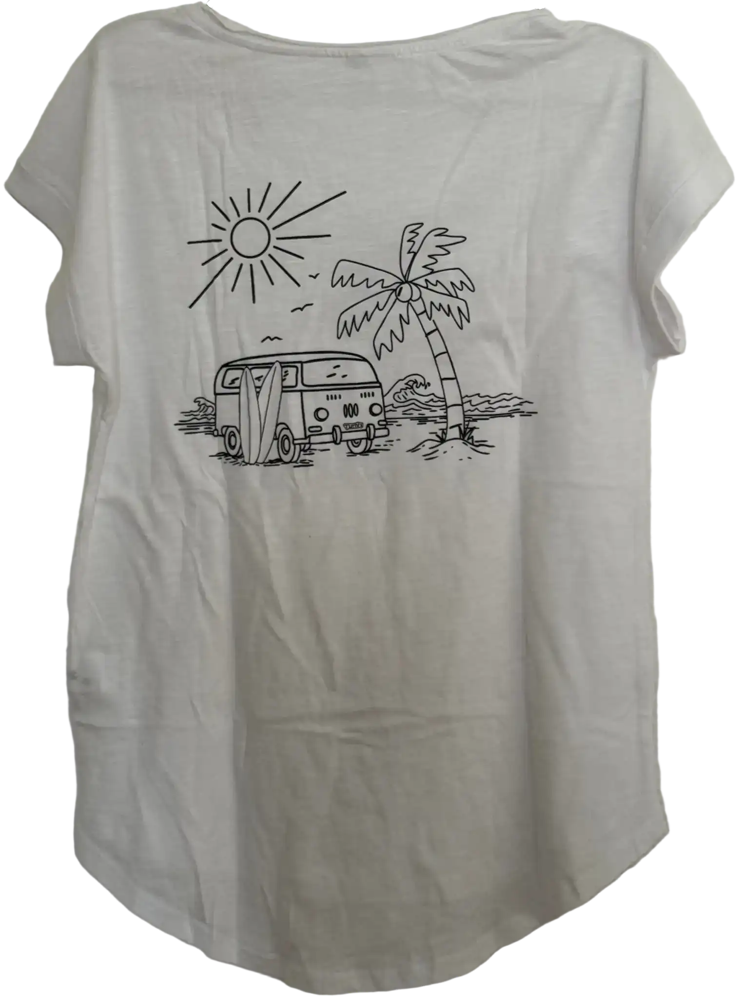 Weißes Damen T-Shirt mit VW-Bus, Palme, Meer