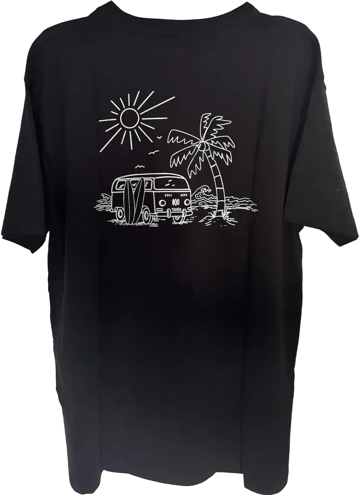 Schwarzes Herren T-Shirt mit VW-Bus, Palme, Meer