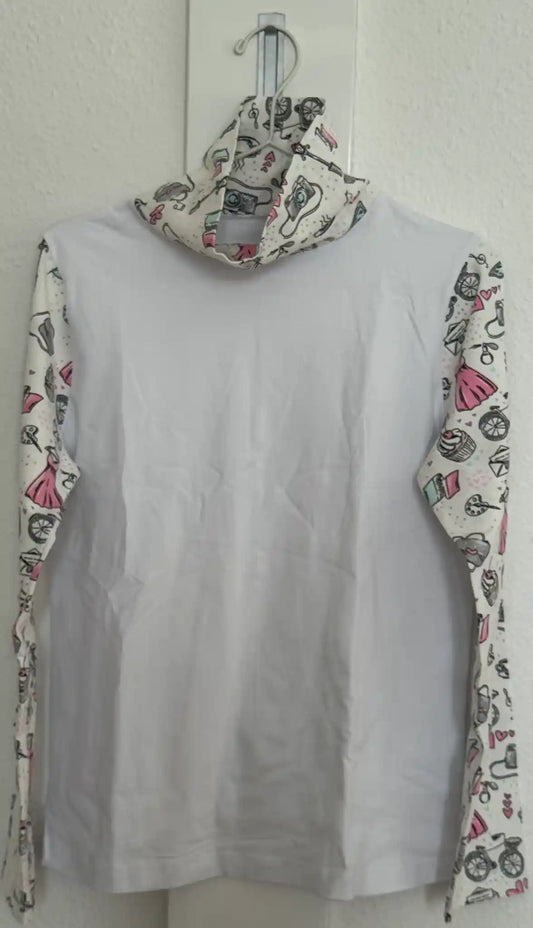 Jersey Rollkragen Sleeve „Hazel“ (weiß mit Bildern wie Brille, Kamera, Kleid, Tasche etc.)