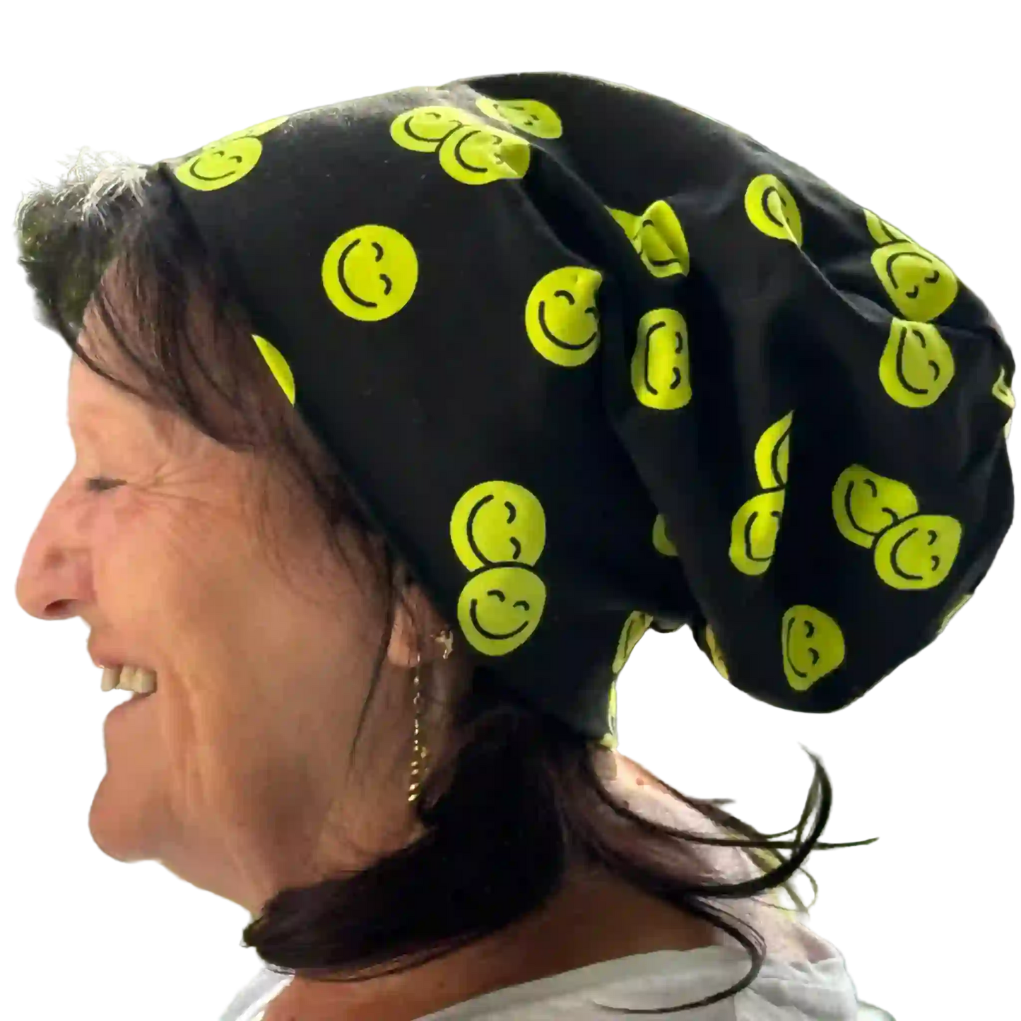 Schwarze Beanie Mütze mit neongelben Emojis - Seitenansicht links
