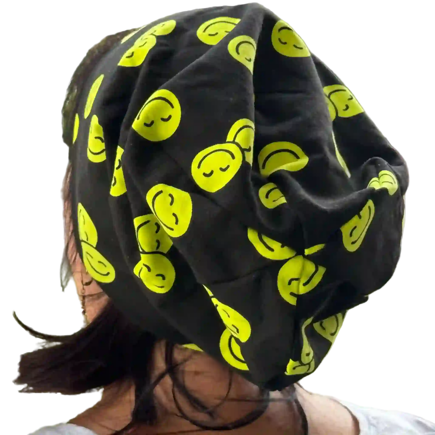 Schwarze Beanie Mütze mit neongelben Emojis - Hinteransicht