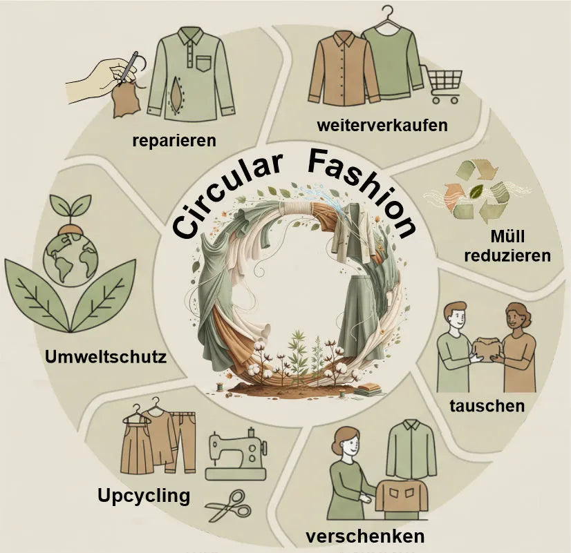 Circular Fashion Kreislauf mit Bildern aus Reparatur, Weiterverkauf, Tauschbörse, Verschenken, Upcycling und Müll Reduzierung