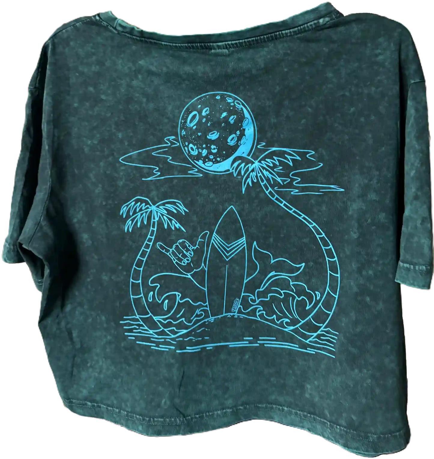 Blau-Grünes Crop Top mit Surf-Motiv und Shaka-Zeichen