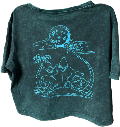 Blau-Grünes Crop Top mit Surf-Motiv und Shaka-Zeichen