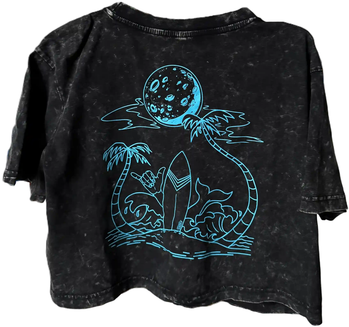 Dunkelgraues Crop Top mit Surf-Motiv und Shaka-Zeichen