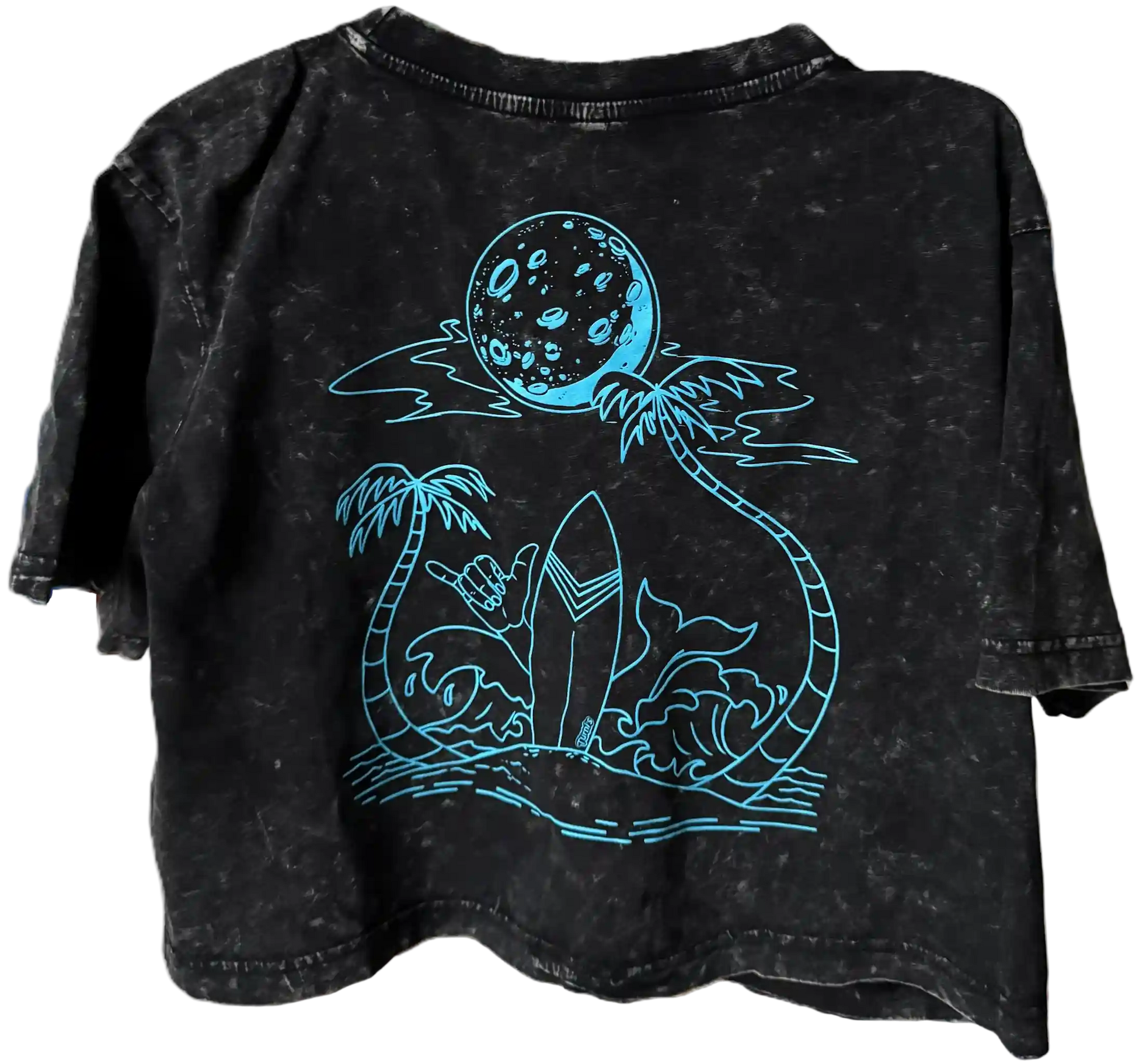 Dunkelgraues Crop Top mit Surf-Motiv und Shaka-Zeichen