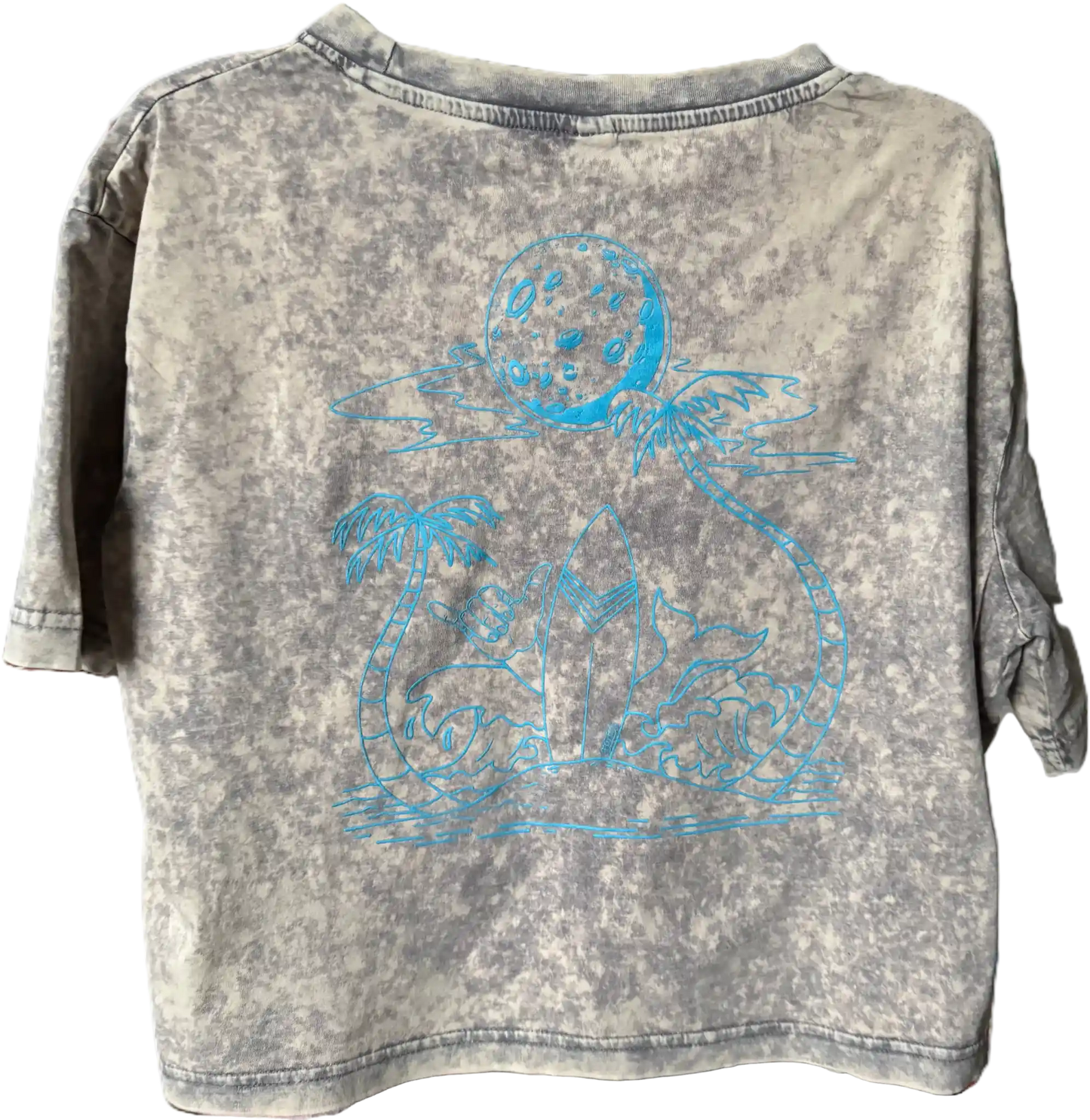 Graues Crop Top mit Surf-Motiv und Shaka-Zeichen