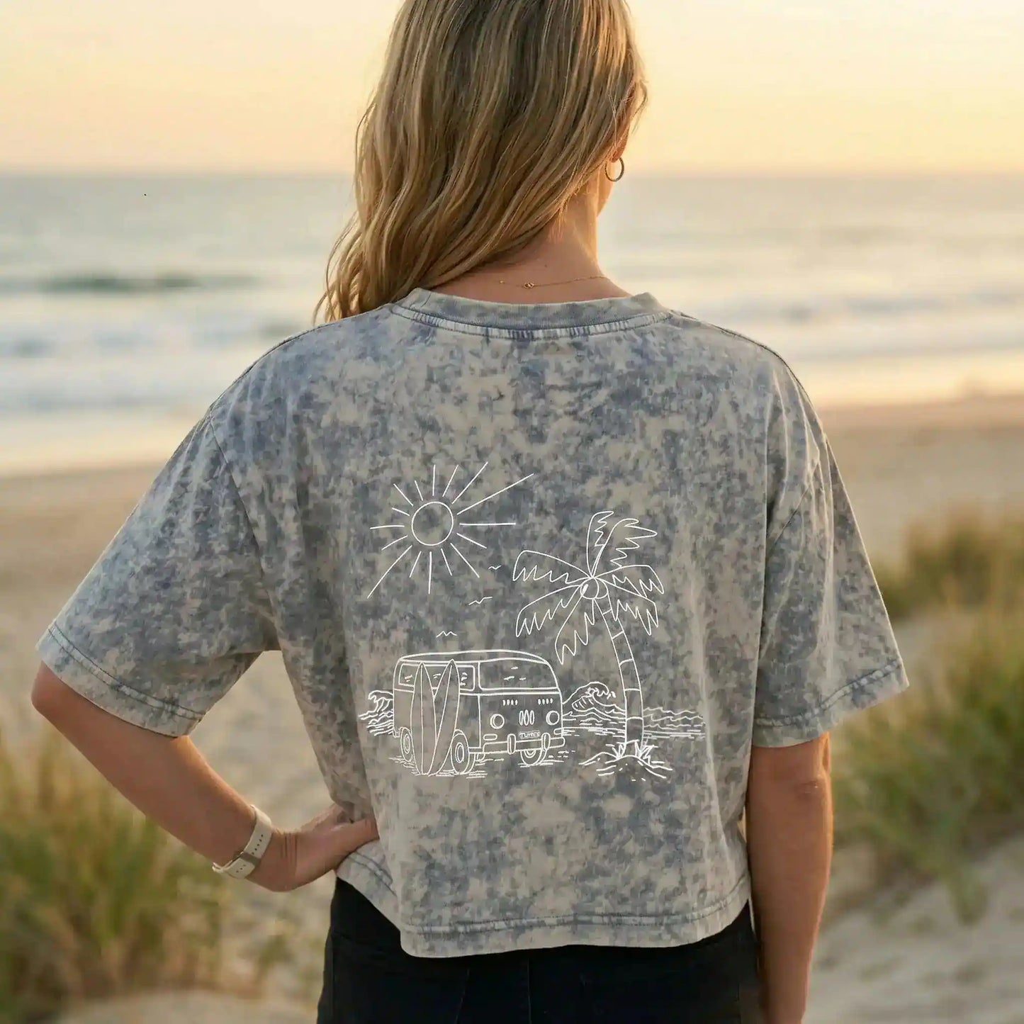 Graues Crop Top mit Siebdruck und Surf-Van-Motiv