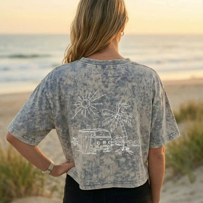 Graues Crop Top mit Siebdruck und Surf-Van-Motiv