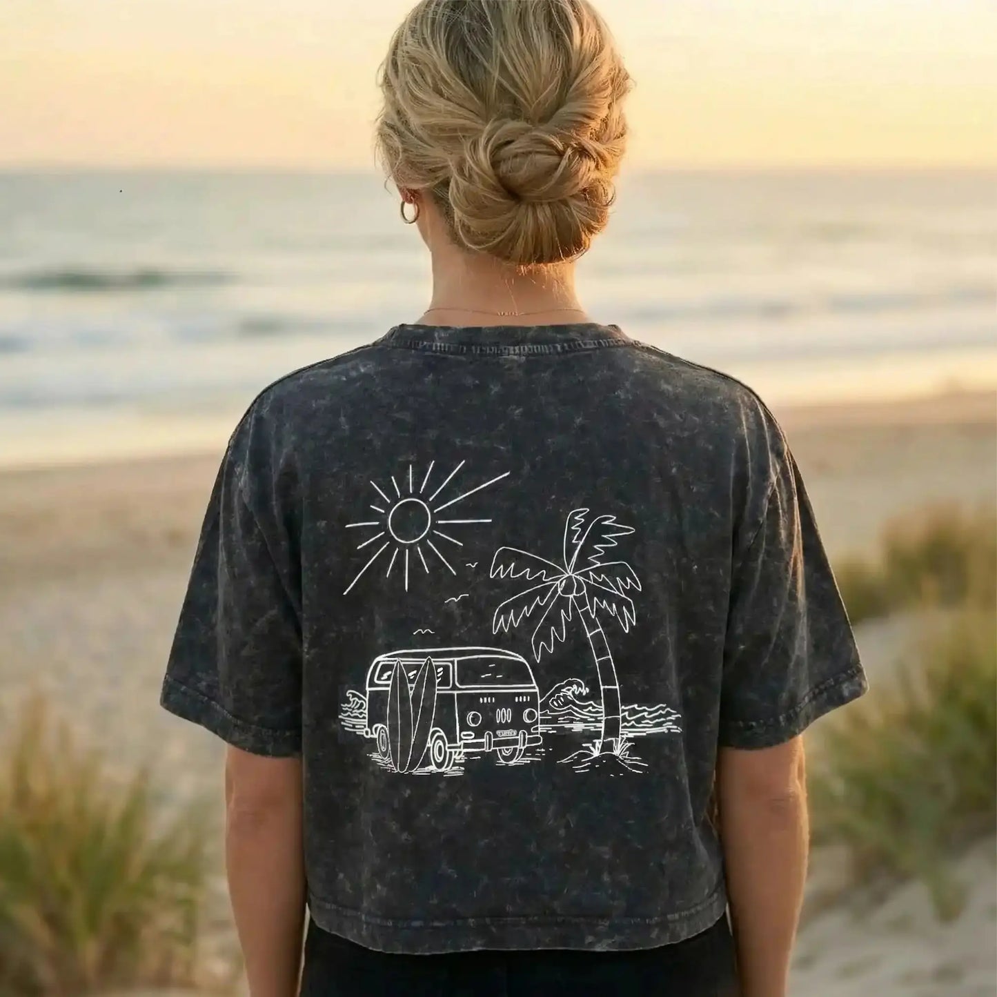 Schwarzes Crop Top mit Siebdruck und Surf-Van-Motiv