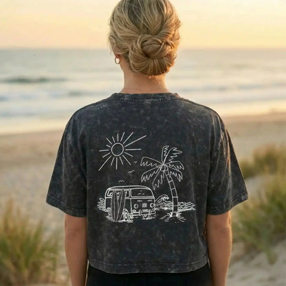 Schwarzes Crop Top mit Siebdruck und Surf-Van-Motiv