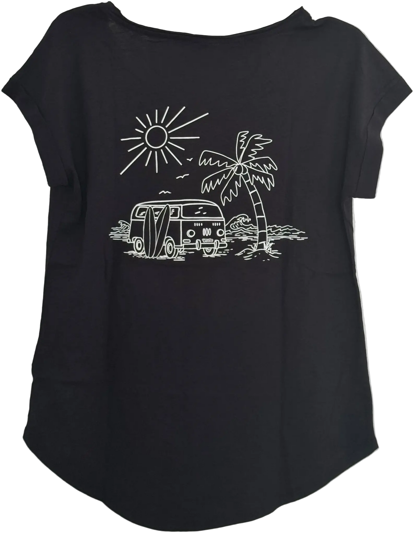 Schwarzes Damen T-Shirt mit VW-Bus, Palme, Meer