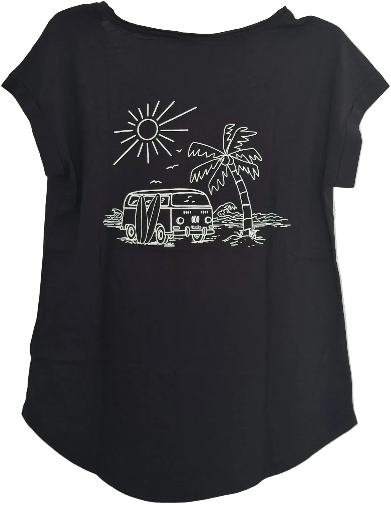 Schwarzes Damen T-Shirt mit VW-Bus, Palme, Meer