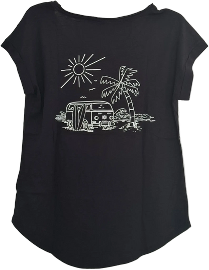 Schwarzes Damen T-Shirt mit VW-Bus, Palme, Meer