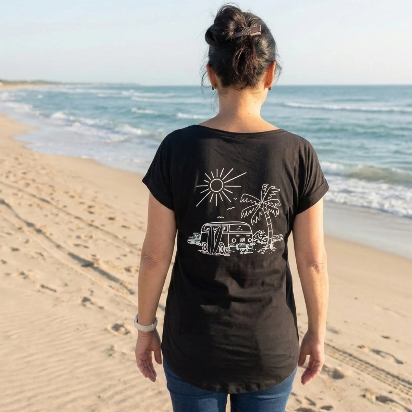 Schwarzes Damen T-Shirt mit Siebdruck und Surf-Van-Motiv