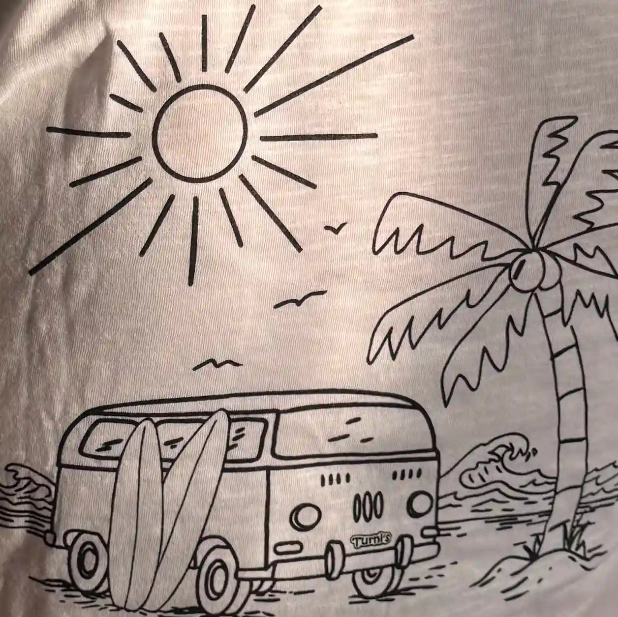 Weißes Damen Shirt mit schwarzem Siebdruck (Turni's und Surf-Van-Motiv)