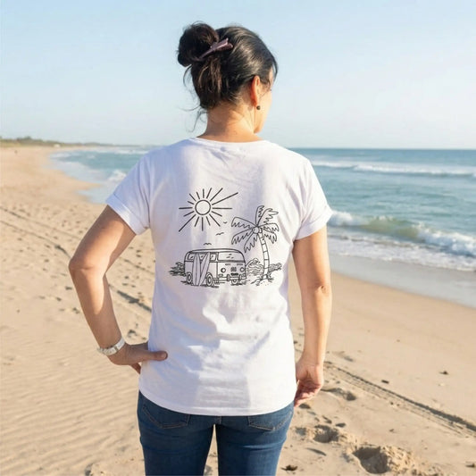 Weißes Damen T-Shirt mit Siebdruck und Surf-Van-Motiv