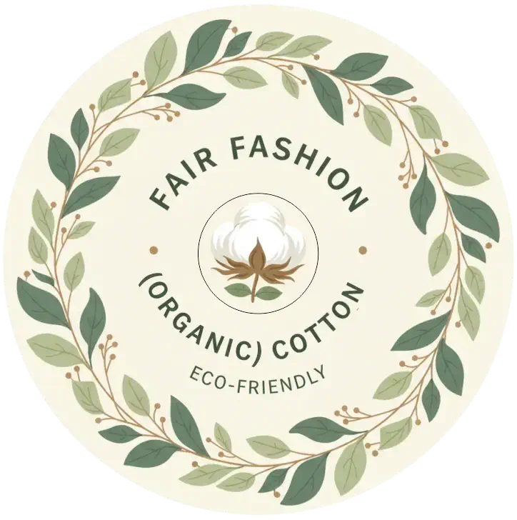 Ein rundes Label mit äußerem Lorbeerkranz und innen Baumwollpflanze und dazwischen Schriftzug Fair Fashion und Eco Friendly