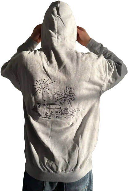Grauer Herren Hoodie mit VW-Bulli, Sonne, Surfbrett