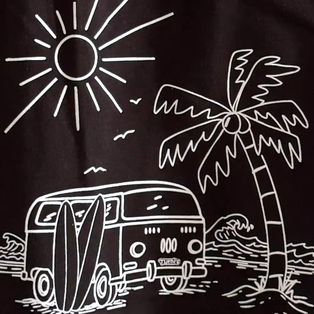 Schwarzer Herren Hoodie mit weißem Siebdruck (Turni's und Surf-Van-Motiv)