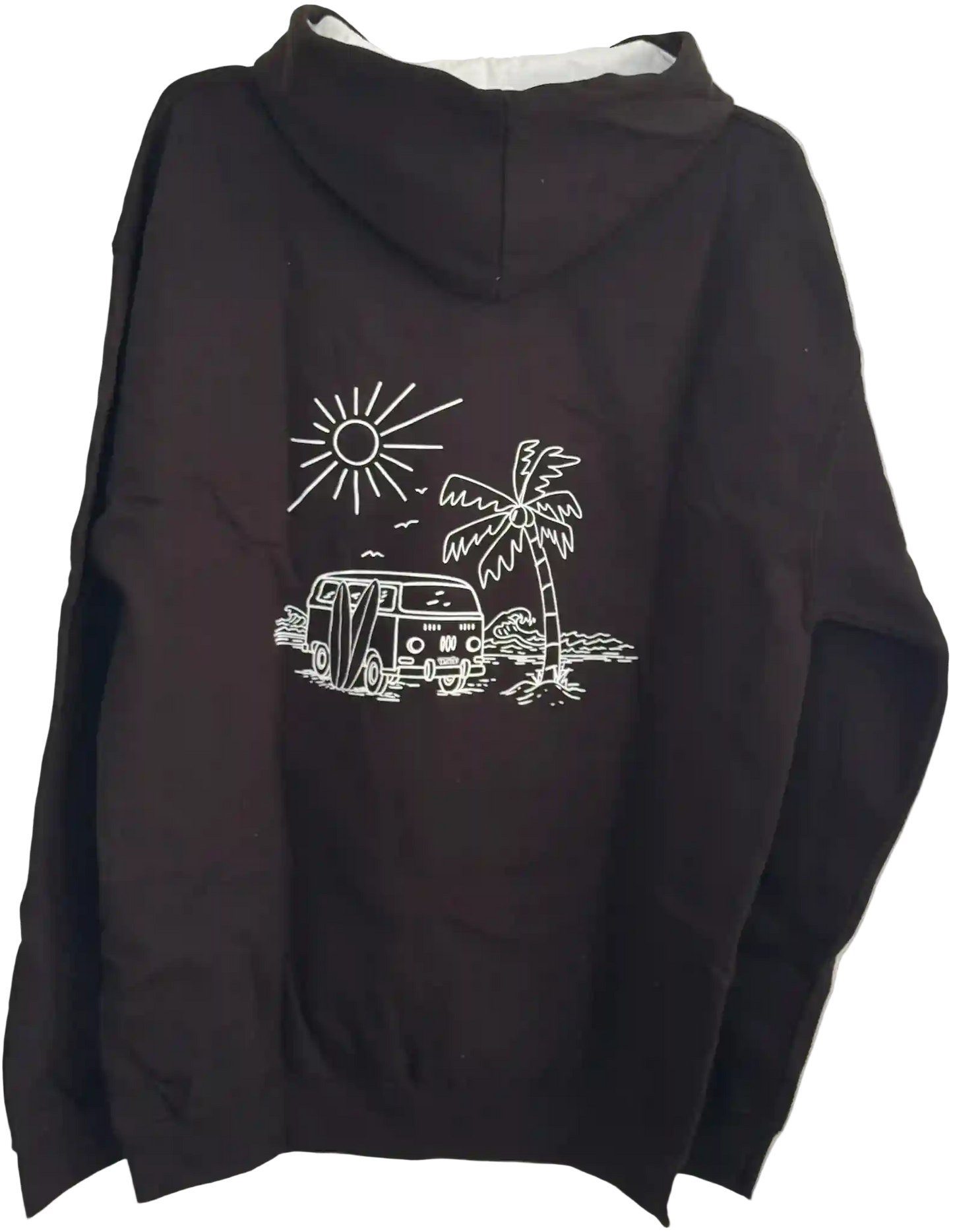 Schwarzer Herren Hoodie mit VW-Bulli, Sonne, Surfbrett