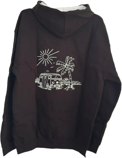 Schwarzer Herren Hoodie mit VW-Bulli, Sonne, Surfbrett