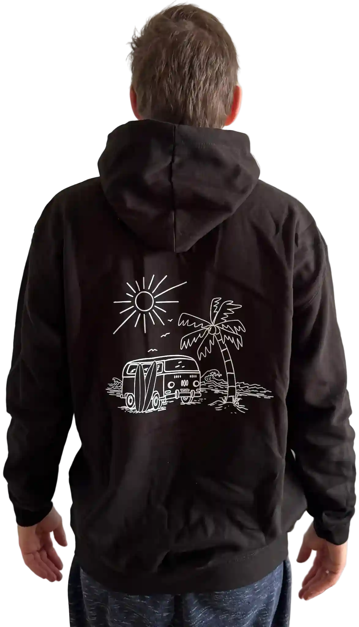 Schwarzer Herren Hoodie mit VW-Bus, Palme, Meer