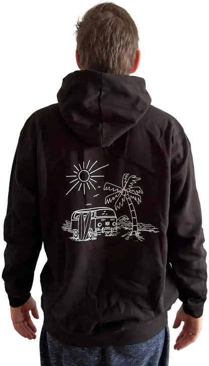 Schwarzer Herren Hoodie mit VW-Bus, Palme, Meer