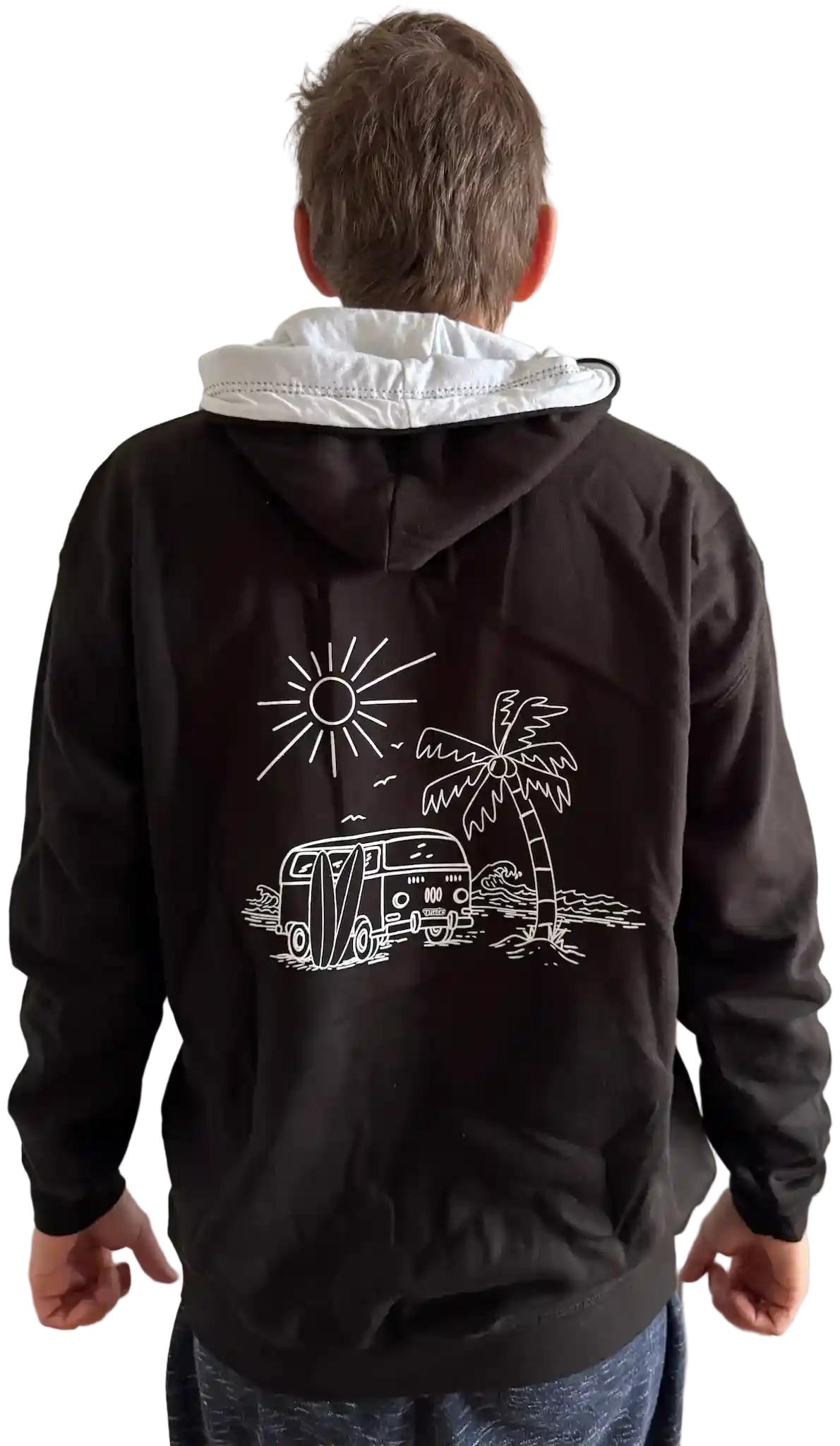 Schwarzer Herren Hoodie mit weißem Innenutter an Kapuze