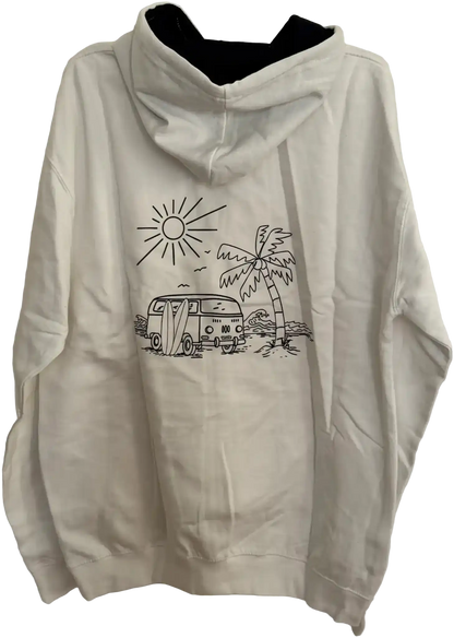 Weißer Herren Hoodie mit VW-Bulli, Sonne, Surfbrett