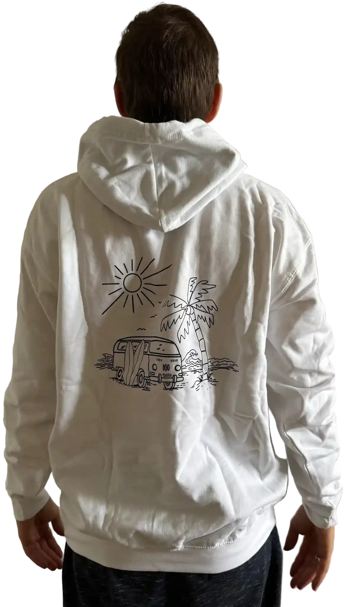 Weißer Herren Hoodie mit VW-Bus, Palme, Meer