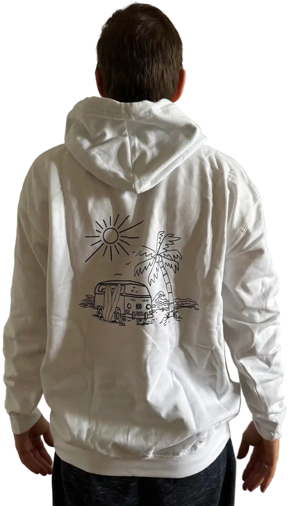 Weißer Herren Hoodie mit VW-Bus, Palme, Meer