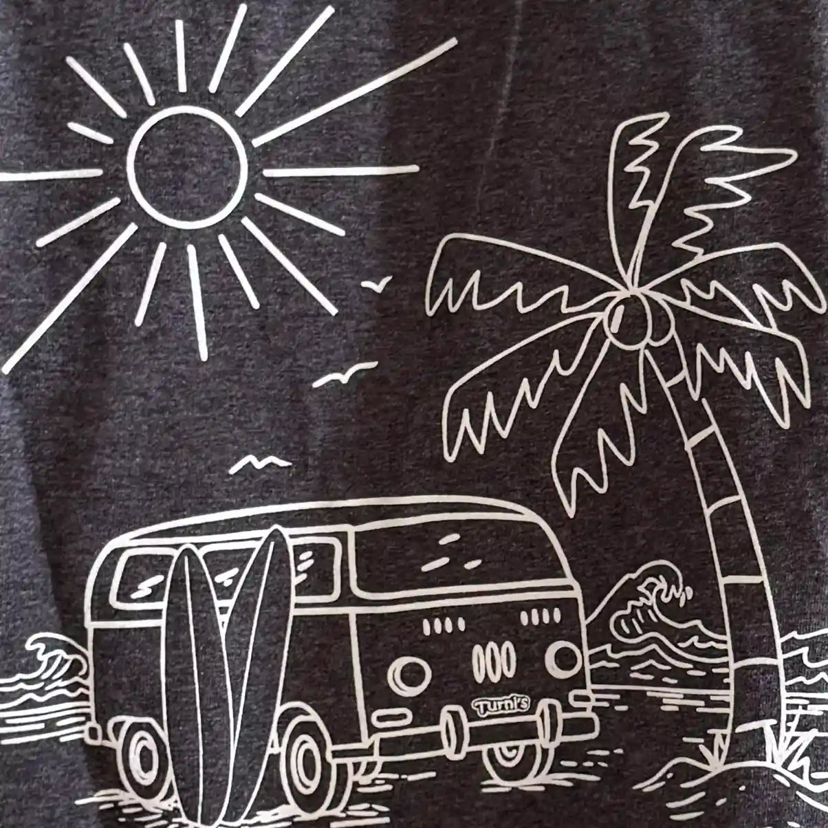 Dunkelgraues Herren Shirt mit weißem Siebdruck (Turni's und Surf-Van-Motiv)