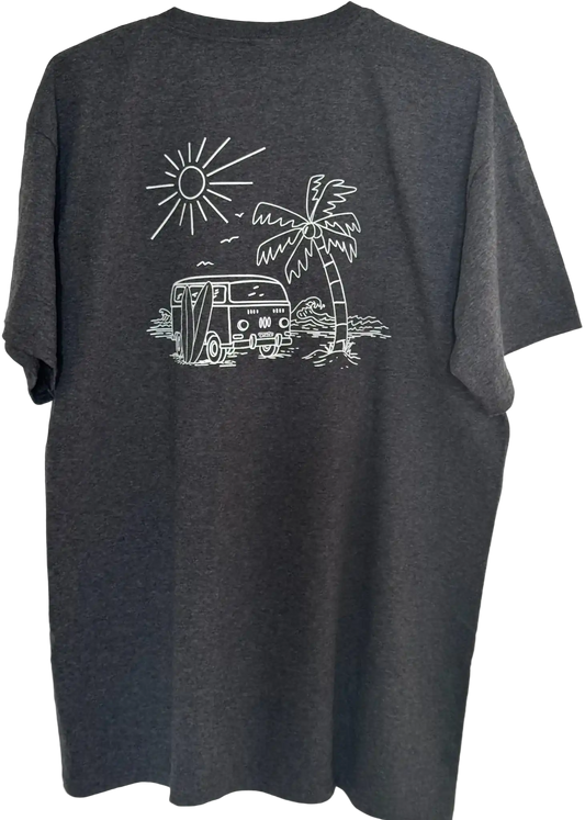 Herren T-Shirt in Anthrazit mit VW-Bus, Palme, Meer