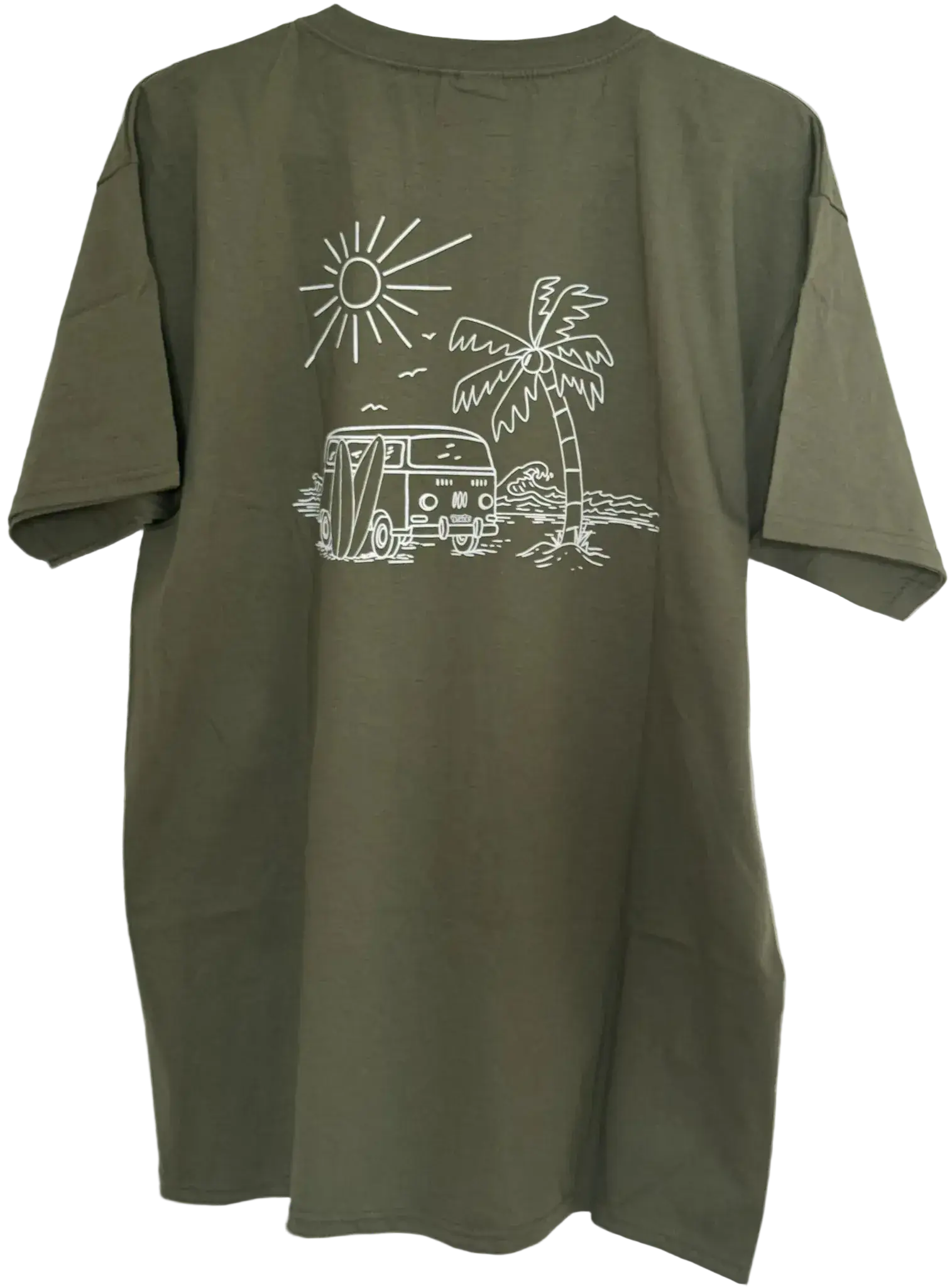 Herren T-Shirt in Khaki mit VW-Bus, Palme, Meer