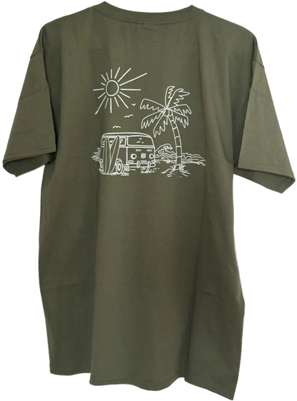 Herren T-Shirt in Khaki mit VW-Bus, Palme, Meer