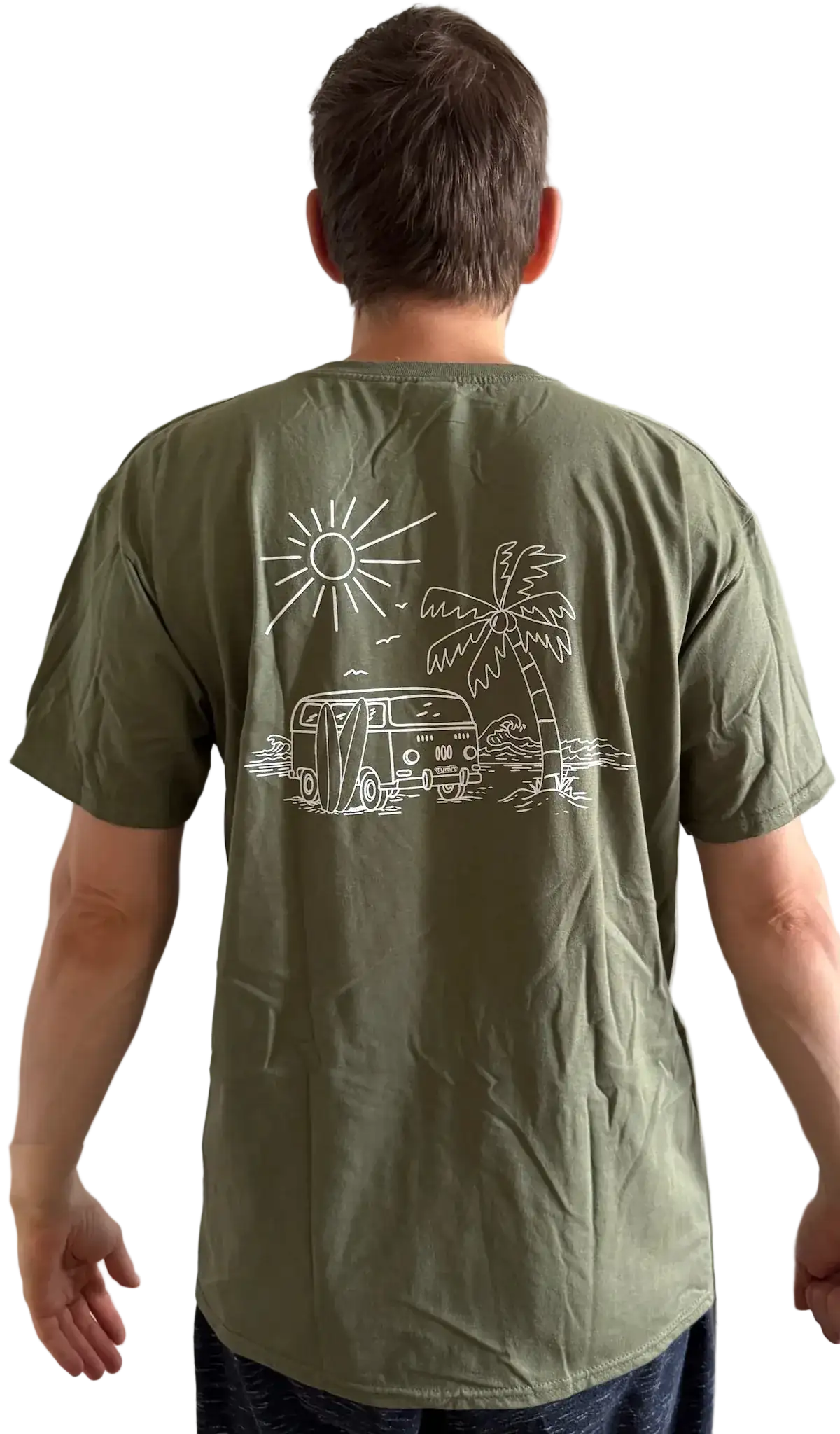 Herren T-Shirt in Khaki mit Siebdruck und Surf-Van-Motiv