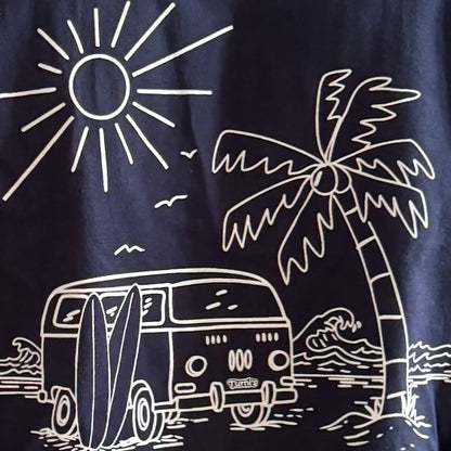 Blaues Herren Shirt mit weißem Siebdruck (Turni's und Surf-Van-Motiv)