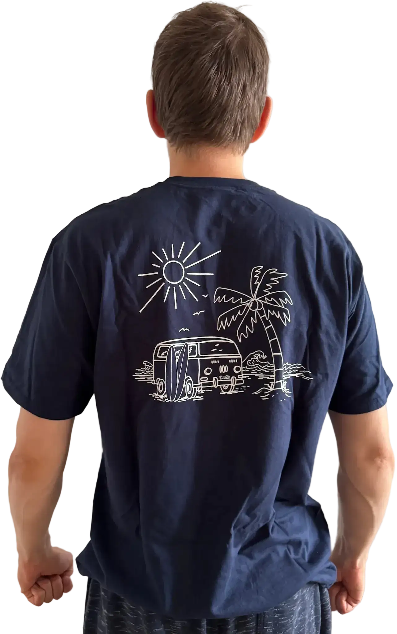 Blaues Herren T-Shirt mit Siebdruck und Surf-Van-Motiv