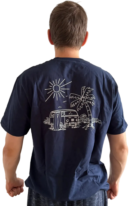 Blaues Herren T-Shirt mit Siebdruck und Surf-Van-Motiv