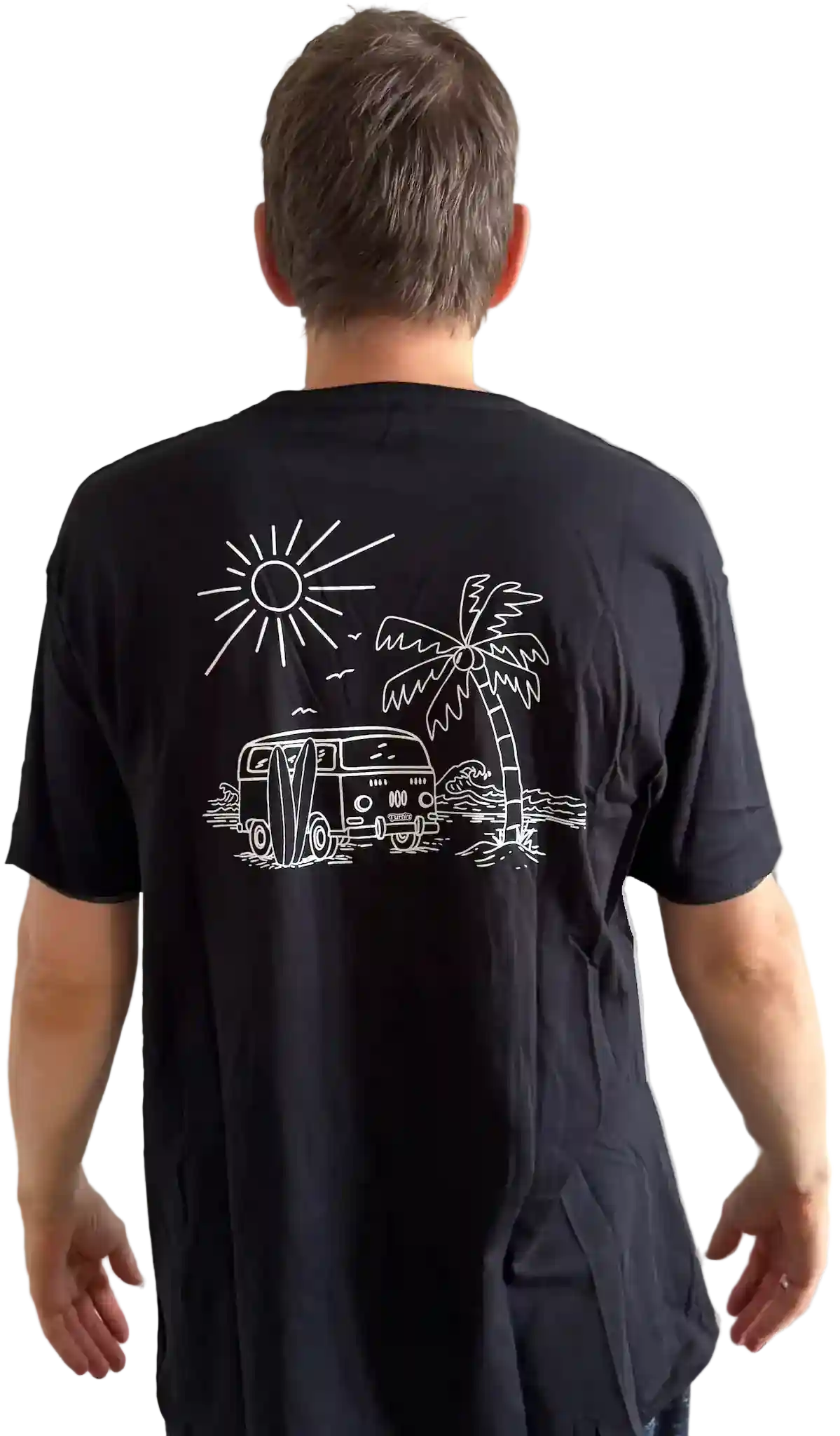 Schwarzes Herren T-Shirt mit Siebdruck und Surf-Van-Motiv