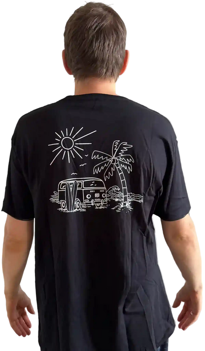 Schwarzes Herren T-Shirt mit Siebdruck und Surf-Van-Motiv
