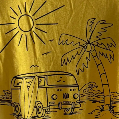 Gelbes Herren Shirt mit schwarzem Siebdruck (Turni's und Surf-Van-Motiv)