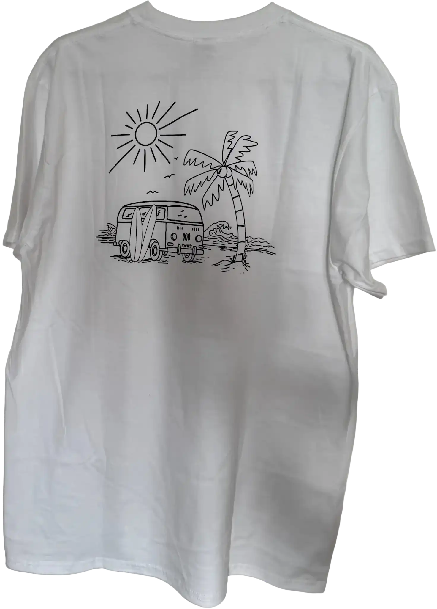 Weißes Herren T-Shirt mit VW-Bus, Palme, Meer