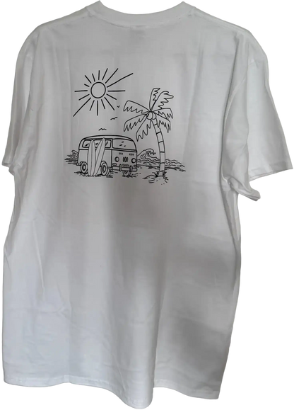 Weißes Herren T-Shirt mit VW-Bus, Palme, Meer