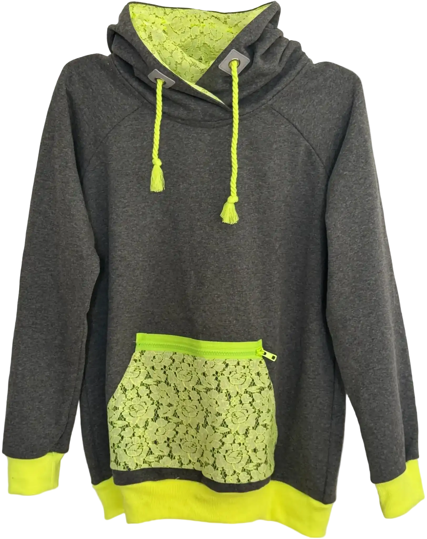 Dunkelgrauer Hoodie mit neongelber Spitze