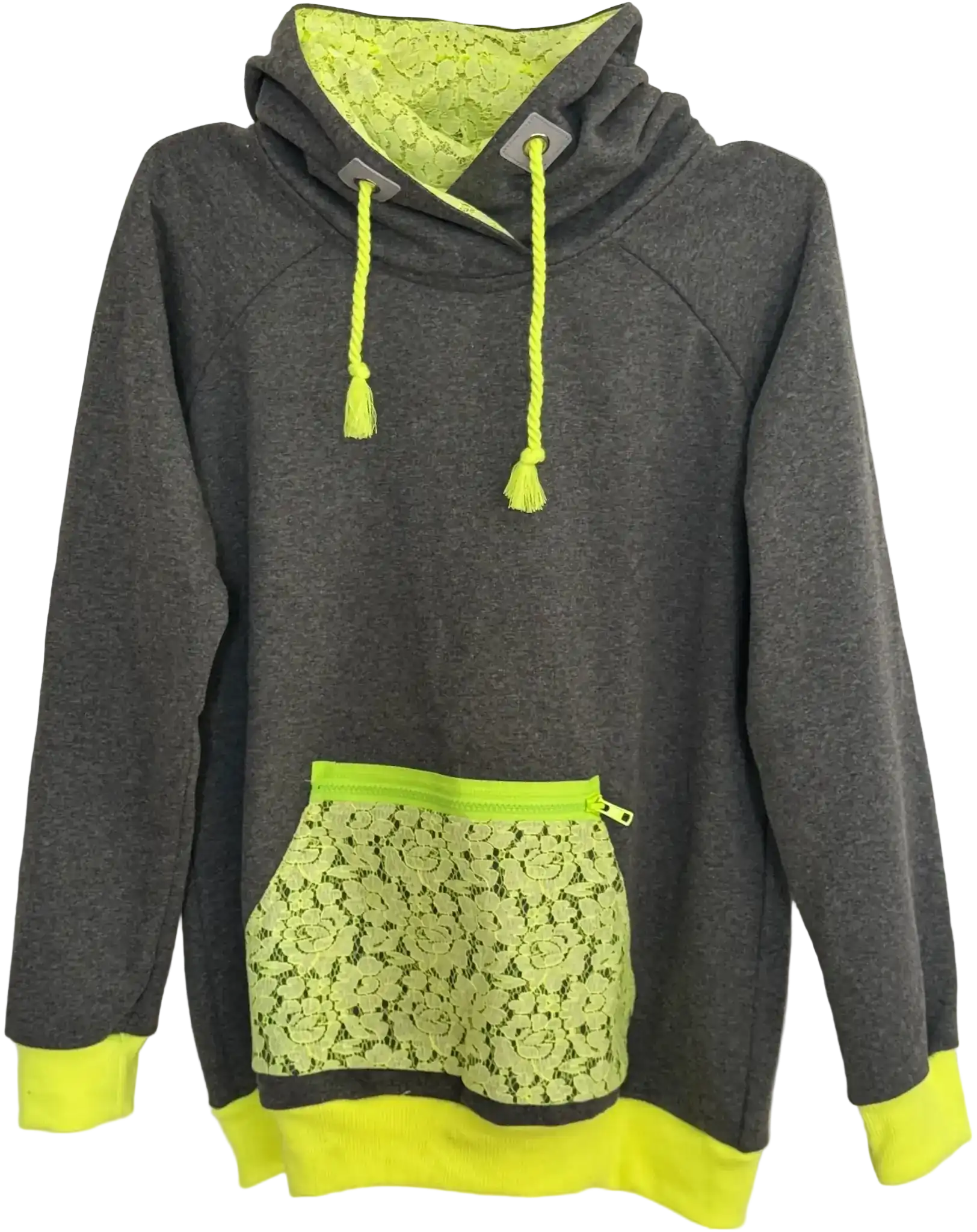 Dunkelgrauer Hoodie mit neongelber Spitze